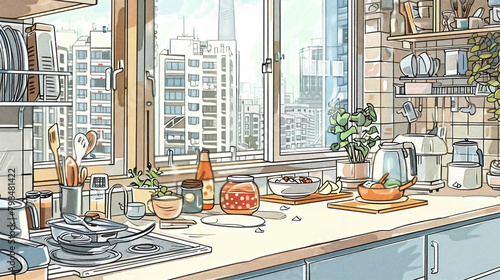 A hand-drawn illustration of a kitchen in a high-rise apartment in Shanghai. The kitchen is detailed with modern kitchenware  assorted foods  and tableware. 