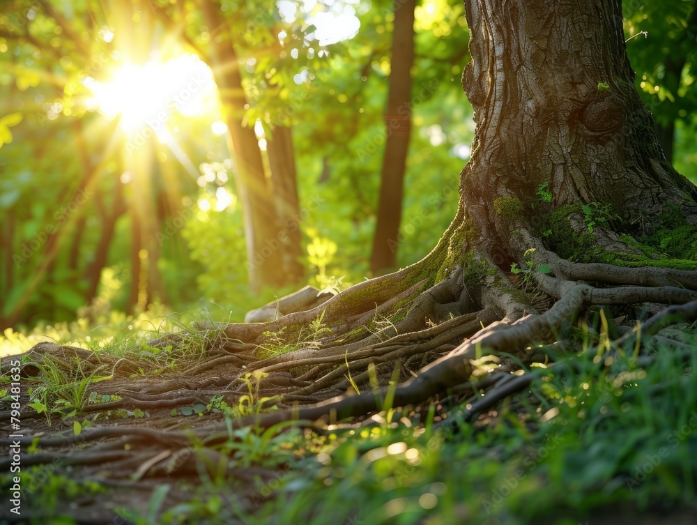 tree roots and sunshine in a green forest tree roots and sunshine in a green forest