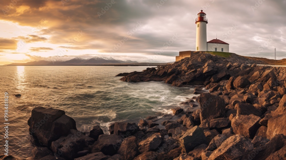 Long exposure of the lighthouse at sunset.AI generated image