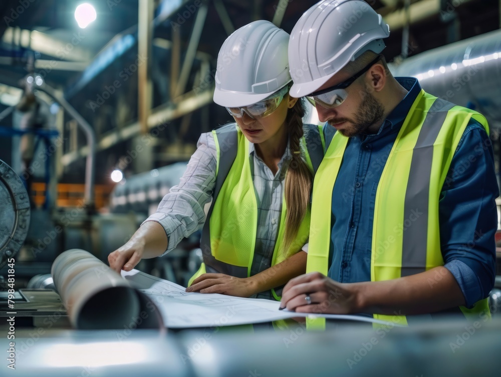 two engineers or architects, a man and a woman, both wearing safety helmets and vests, studying drawings or plans on a table in an industrial setting. two engineers or architects, a man and a woman, both wearing safety helmets and vests, studying drawings or plans on a table in an industrial setting.