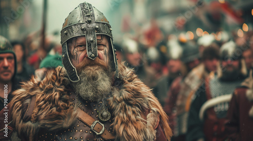 A large man in a Viking costume at the Up Helly Aa festival, standing proudly in the middle of the crowd, Ai generated Images photo