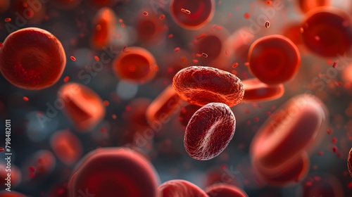 Red cells flowing in the living body, closeup of red cells with a blurred background. This image depicts the concept of human health and medicine in the style of an abstract biological representation. photo