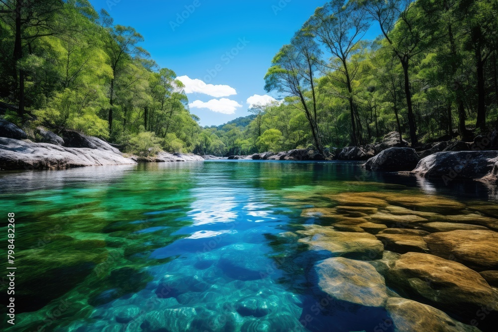 A river with crystal-clear water flowing through a pristine landscape. A river with crystal-clear water flowing through a pristine landscape.