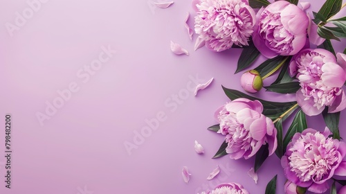 peony flowers on purple background with copy space for text  backdrop mockup template design concept