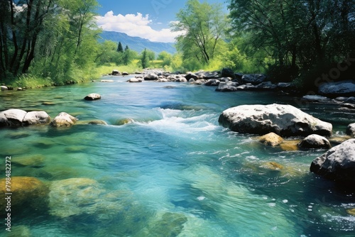A river with crystal-clear water flowing through a pristine landscape.