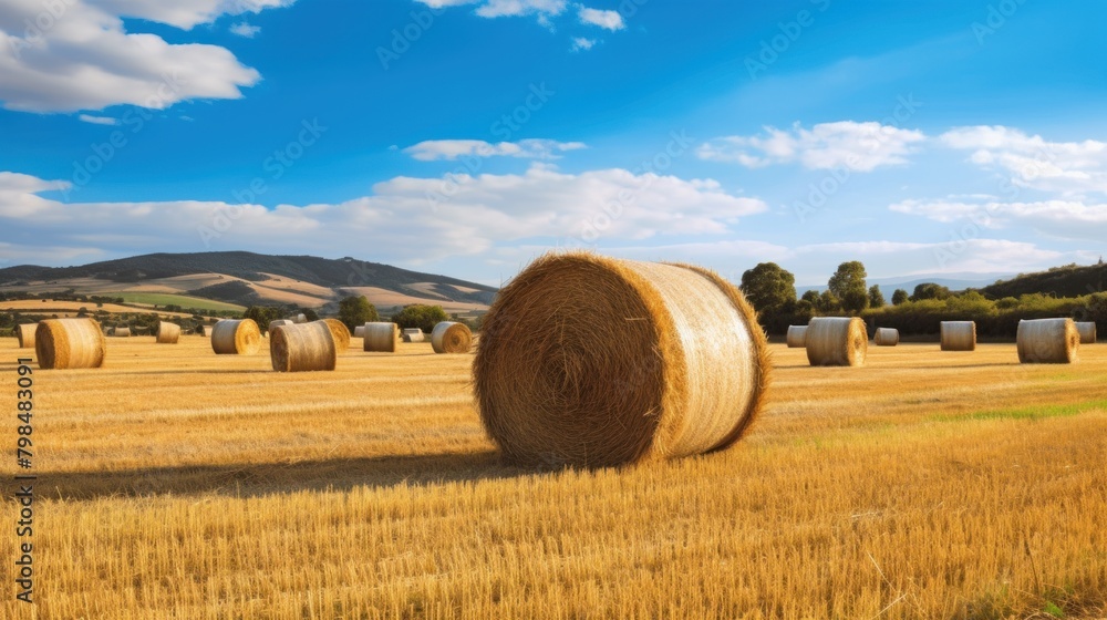 Landscape of hay bales in a field and blue sky with clouds in the background.AI generated image