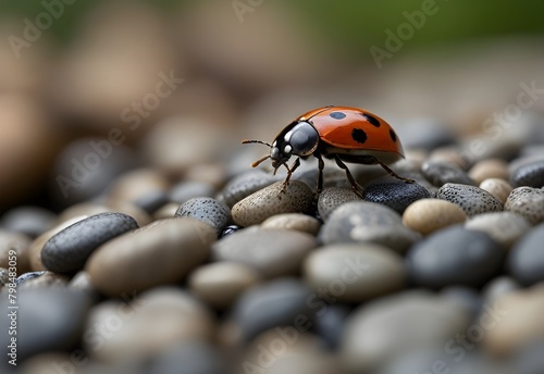 Macro view of a ladybug climbing on small pebbles near a stream, generative AI © Zohaib