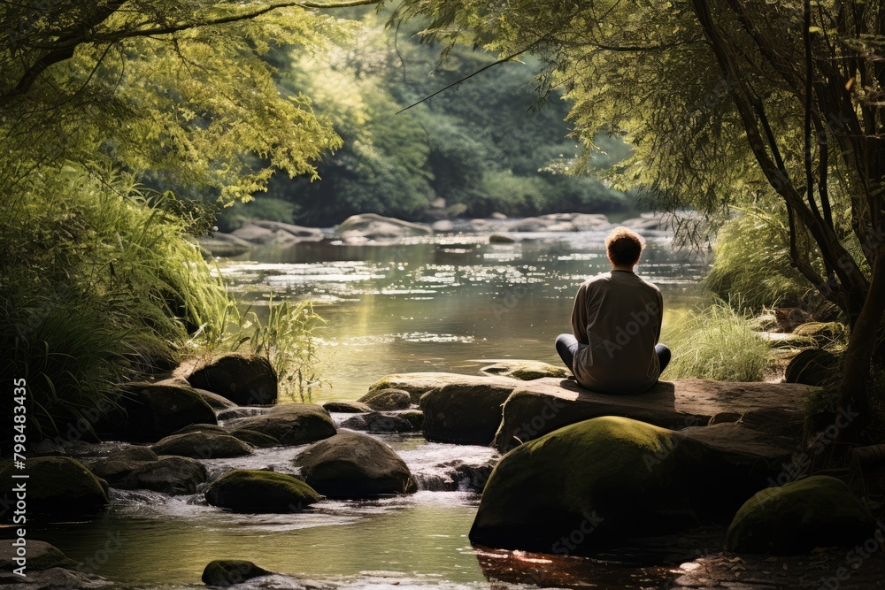 A person practicing mindfulness while sitting by a babbling brook.