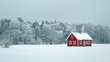 Traditional Swedish wooden house in a minimalist winter landscape.
