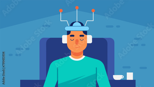 A man sitting in a chair his eyes closed in deep concentration as the neurotechnology device on his head helps him overcome recurring nightmares..