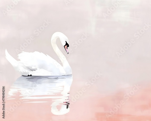 Fototapeta Naklejka Na Ścianę i Meble -  pink background minimalist scandinavian nordic style animated white swan on pink water painting whimsical, muted vintage neutral background, soft and delicate, nursery art