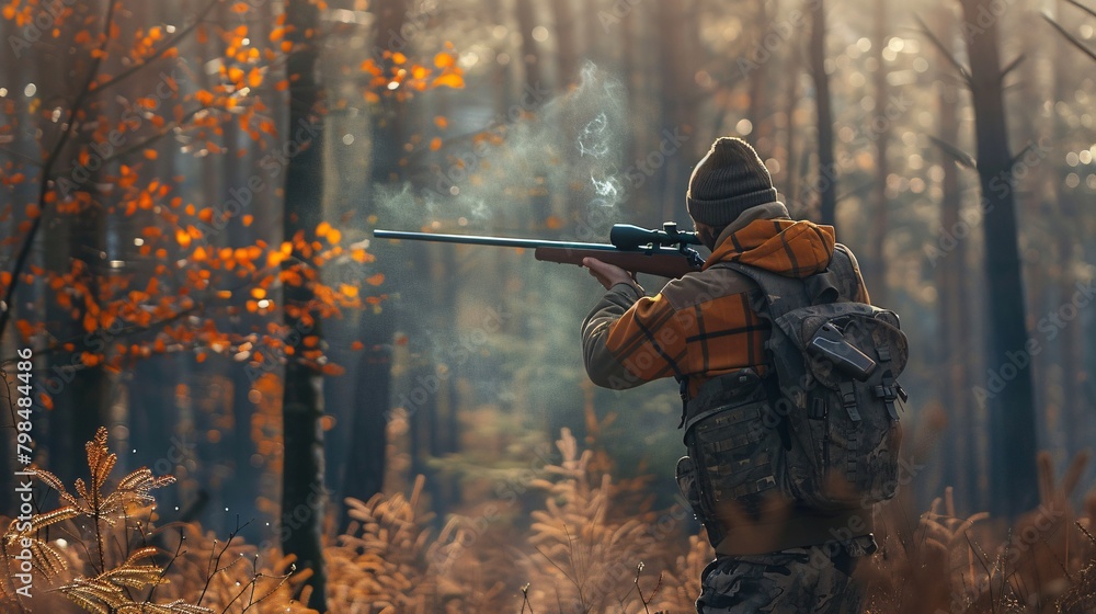 A hunter loading cartridges into a gun for hunting in the forest for wild animals. A hunter loading cartridges into a gun for hunting in the forest for wild animals.