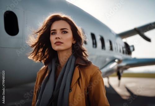 'frau junge flugzeug denkt blond airline fear attractive thought vacation wanderlust fly pilot flying aerodrome air travel aeroplane woman bubble pretty jet contemplate fare' photo