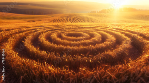Crop Circles phenomenon, vast fields with mysterious circular patterns formed precisely, Ai generated Images