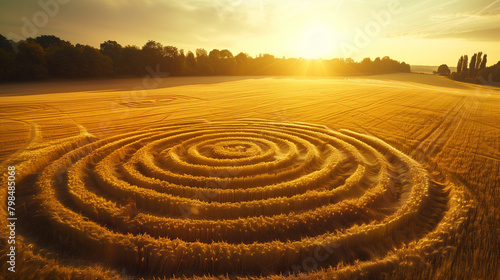 Crop Circles phenomenon, vast fields with mysterious circular patterns formed precisely, Ai generated Images