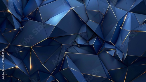 Luxurious dark blue abstract background template with opulent triangle pattern and golden illumination lines.
