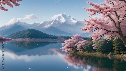 Cherry blossoms bloom against a snowy landscape with distant mountains under a serene blue sky, sakura trees by the river 