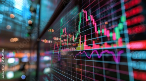 A close up view of a stock chart displayed on a wall. This image can be used to illustrate financial analysis  market trends  or investment strategies hyper realistic 