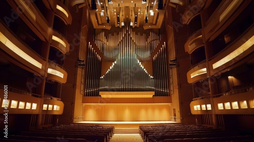 An auditorium filled with rows of seating, with a large pipe organ positioned in the center. The pipe organs intricate pipes and keyboards dominate the space, surrounded by elegant architectural