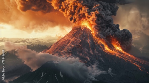 Andes volcano erupts with explosive force, towering ash plume, fire, and magma explosions photo