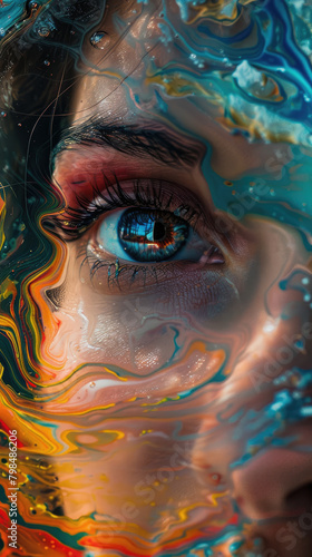 woman face facing the camera of colorful abstract image of colorful abstract liquids with copy space