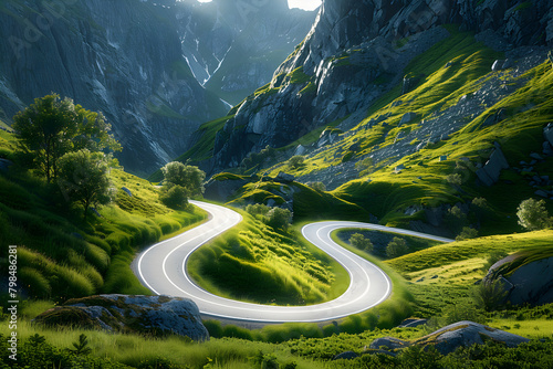 A winding road in the mountains, created digitally using AI technology. The picture depicts a serene and remote mountain landscape, perfect for travel and adventure-themed projects. photo
