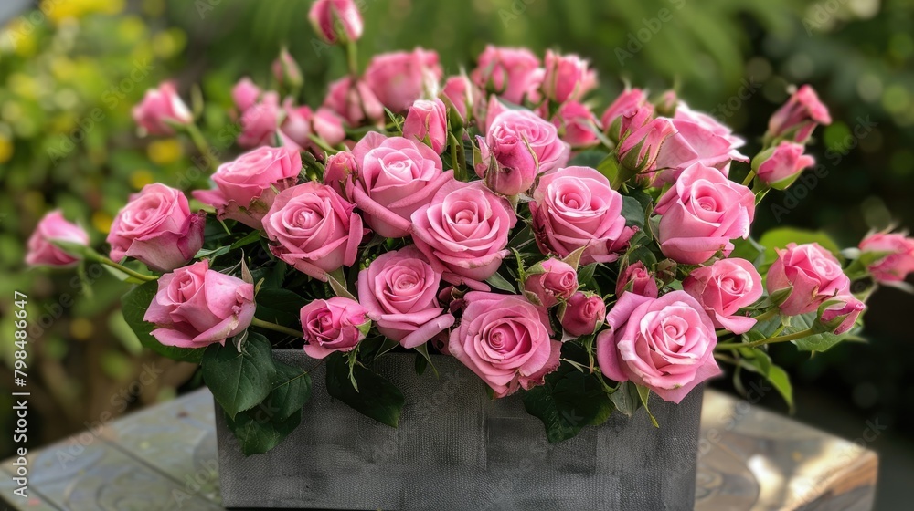 A charming arrangement of pink roses elegantly grouped within a box