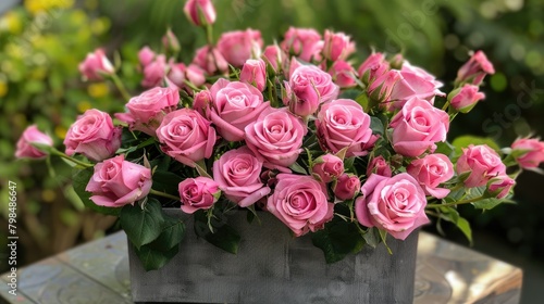 A charming arrangement of pink roses elegantly grouped within a box
