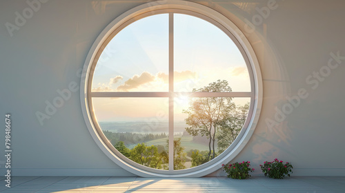 window with a cross frame  round window with a white frame  beautiful nature and sun in the window