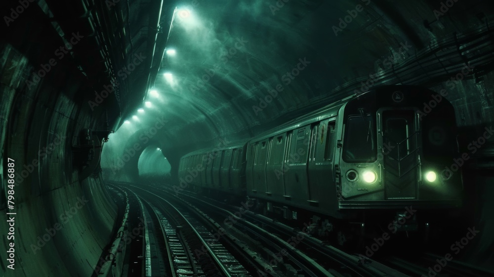 Obraz premium Subway tunnel collapse: Trains derailed, emergency lights flickering after intense earthquake