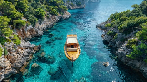 Wallpaper Mural An aerial view showcasing a Mediterranean Sea bay featuring mountains, a sandy beach, and boats on a sunny day during summer. Torontodigital.ca