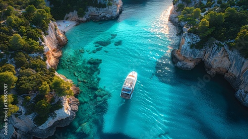 An aerial view showcasing a Mediterranean Sea bay featuring mountains  a sandy beach  and boats on a sunny day during summer.