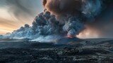 Intense volcanic eruption in Iceland's remote highlands with massive ash clouds and molten lava streams - dramatic natural spectacle