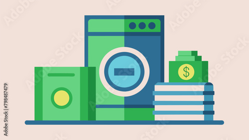 A stock of bills next to an energyefficient washing machine showcasing the savings over time compared to a traditional one.