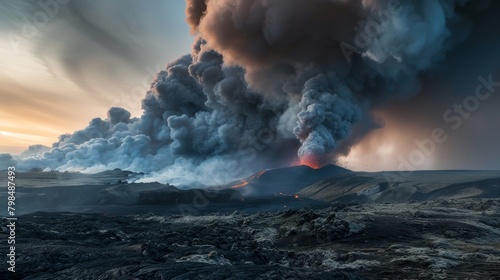 Intense volcanic eruption in Iceland's remote highlands with massive ash clouds and molten lava streams - dramatic natural spectacle photo