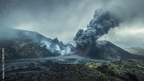 Intense volcanic eruption in Iceland's remote highlands with massive ash clouds and molten lava streams - dramatic natural spectacle photo