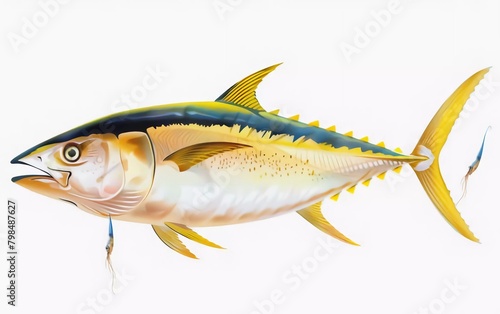 Blackfin yellow tuna attacks Sea Swim Squid Bait. Realistic illustration of a large yellow tuna white background isolate