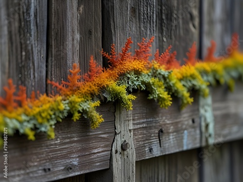 Macro view of colorful lichen spreading across a weathered fence, generative AI