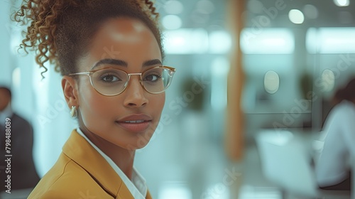 Side profile of a young African-American business team leader - modern office - white light - confident and capable 
