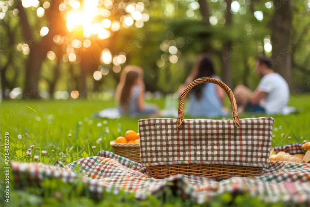 Close-Up of Picnic Basket with Fruits on Checkered Blanket, Family in Background - Leisure Activity, Apple Healthy Eating, Outdoor Relaxation Close-Up of Picnic Basket with Fruits on Checkered Blanket, Family in Background - Leisure Activity, Apple Healthy Eating, Outdoor Relaxation