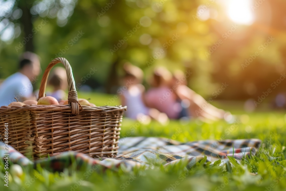 Close-Up of Picnic Basket with Fruits on Checkered Blanket, Family in Background - Leisure Activity, Apple Healthy Eating, Outdoor Relaxation Close-Up of Picnic Basket with Fruits on Checkered Blanket, Family in Background - Leisure Activity, Apple Healthy Eating, Outdoor Relaxation