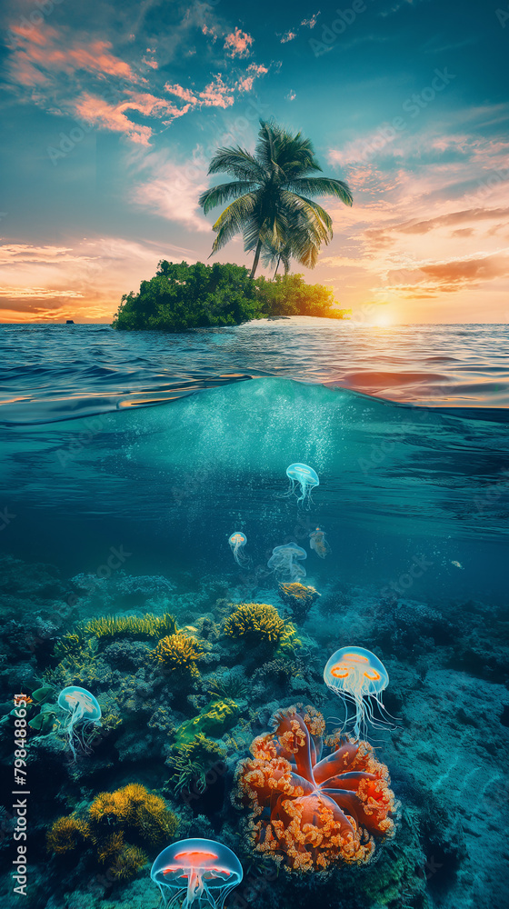 Tropical Island with coconut palm trees and jelly fishes under water at sunset, summer holiday theme, world oceans day theme. Tropical Island with coconut palm trees and jelly fishes under water at sunset, summer holiday theme, world oceans day theme.
