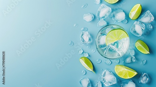 Gin and Tonic with lime wedge and ice block on top of blue background with copyspace for text photo