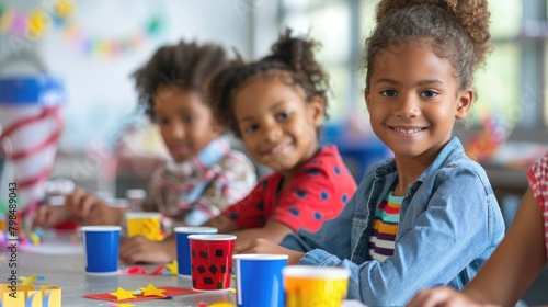 Children creating patriotic crafts and artwork to celebrate Memorial Day. 