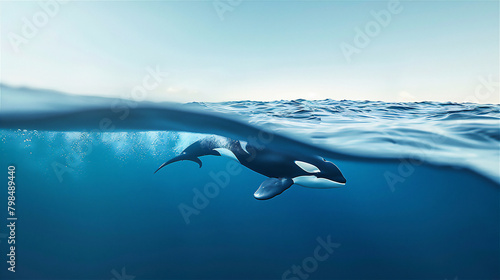 OHalf Under water view of ocean with blue sky and Orcq Whale under water, world oceans day theme