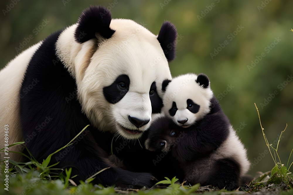 Lazy giant panda bears in a bamboo forest , panda moms and cubsLazy giant panda bears in a bamboo forest , panda moms and cubs Lazy giant panda bears in a bamboo forest , panda moms and cubsLazy giant panda bears in a bamboo forest , panda moms and cubs