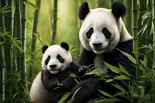 Lazy giant panda bears in a bamboo forest   panda moms and cubs