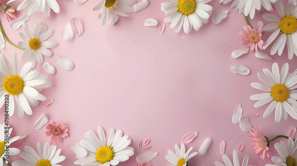 top view, light pink solid background frame from daisy flowers
