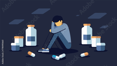 A person sitting alone in a dark room surrounded by empty pill bottles and looking defeated representing the potential addictive nature of.