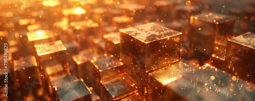 Metallic blocks shimmer and shine in abstract backgrounds  catching the light.